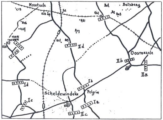 kaart met mijnenvelden aangelegd door 4e Genie in de regio van Oosterzele tijdens 18 daagse veldtocht
